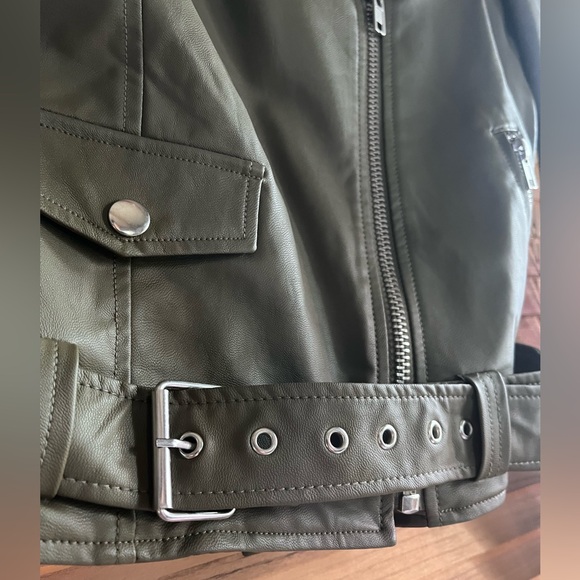 ShineStar - Faux Leather Moto Jacket (Army Green, L) - Picture 8 of 10